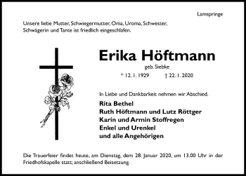 Traueranzeige von Erika Höftmann von Hildesheimer Allgemeine Zeitung