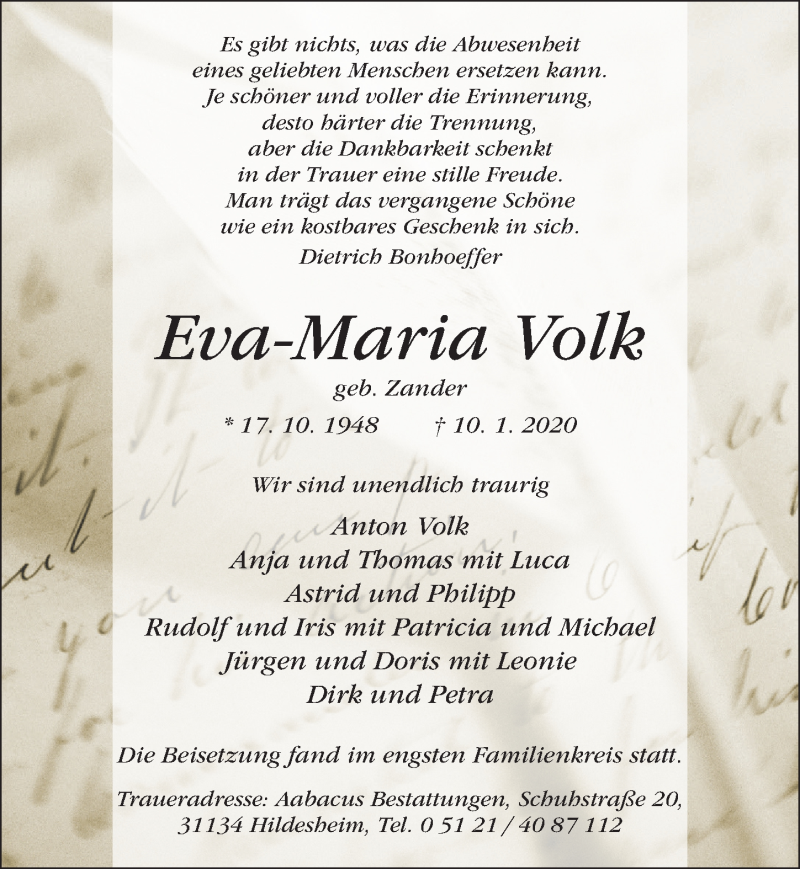  Traueranzeige für Eva Maria Volk vom 22.01.2020 aus Hildesheimer Allgemeine Zeitung