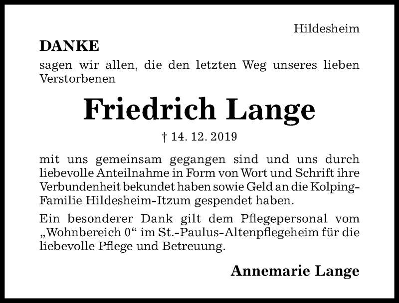  Traueranzeige für Friedrich Lange vom 18.01.2020 aus Hildesheimer Allgemeine Zeitung