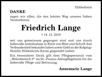 Traueranzeige von Friedrich Lange von Hildesheimer Allgemeine Zeitung