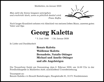 Traueranzeige von Georg Kaletta von Hildesheimer Allgemeine Zeitung