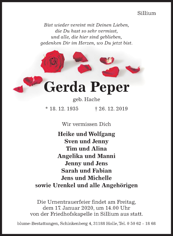  Traueranzeige für Gerda Peper vom 11.01.2020 aus Hildesheimer Allgemeine Zeitung