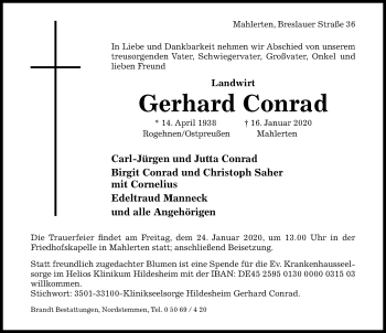 Traueranzeige von Gerhard Conrad von Hildesheimer Allgemeine Zeitung