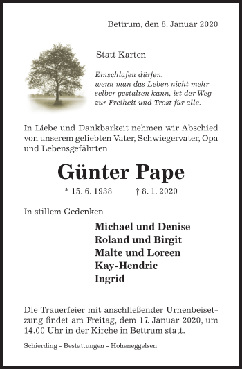 Traueranzeige von Günter Pape von Hildesheimer Allgemeine Zeitung