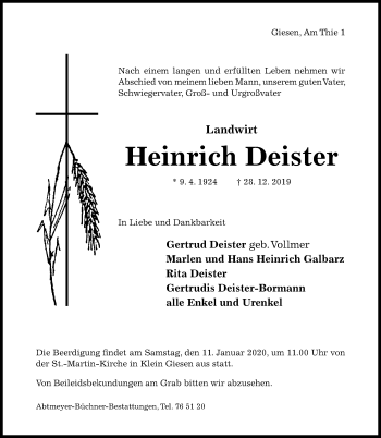 Traueranzeige von Heinrich Deister von Hildesheimer Allgemeine Zeitung