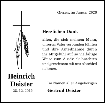 Traueranzeige von Heinrich Deister von Hildesheimer Allgemeine Zeitung