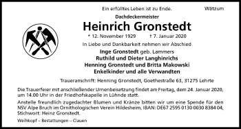 Traueranzeige von Heinrich Gronstedt von Hildesheimer Allgemeine Zeitung