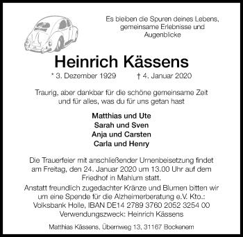 Traueranzeige von Heinrich Kässens von Hildesheimer Allgemeine Zeitung