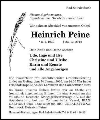 Traueranzeige von Heinrich Peine von Hildesheimer Allgemeine Zeitung