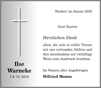 Traueranzeige von Ilse Warneke von Hildesheimer Allgemeine Zeitung