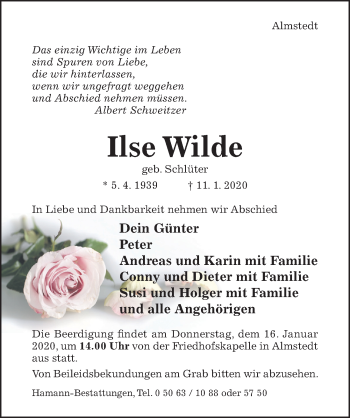 Traueranzeige von Ilse Wilde von Hildesheimer Allgemeine Zeitung