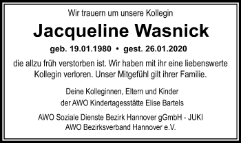 Traueranzeige von Jacqueline Wasnick von Hildesheimer Allgemeine Zeitung