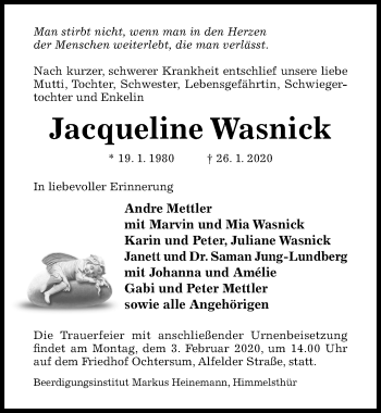 Traueranzeige von Jacqueline Wasnick von Hildesheimer Allgemeine Zeitung