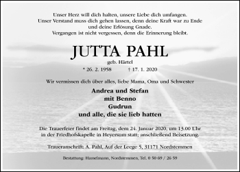 Traueranzeige von Jutta Pahl von Hildesheimer Allgemeine Zeitung