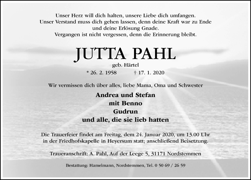  Traueranzeige für Jutta Pahl vom 20.01.2020 aus Hildesheimer Allgemeine Zeitung