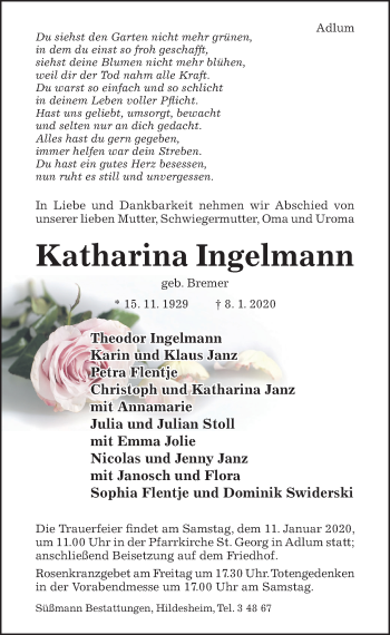 Traueranzeige von Katharina Ingelmann von Hildesheimer Allgemeine Zeitung