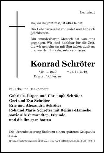 Traueranzeige von Konrad Schröter von Hildesheimer Allgemeine Zeitung