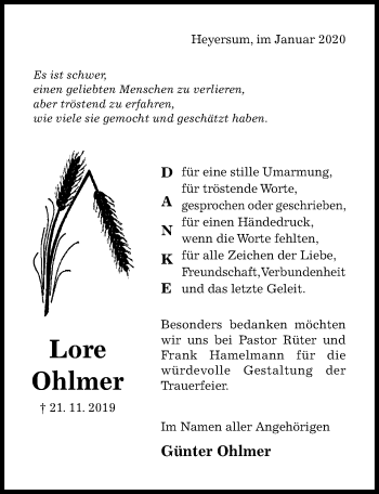 Traueranzeige von Lore Ohlmer von Hildesheimer Allgemeine Zeitung