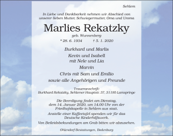 Traueranzeige von Marlies Rekatzky von Hildesheimer Allgemeine Zeitung