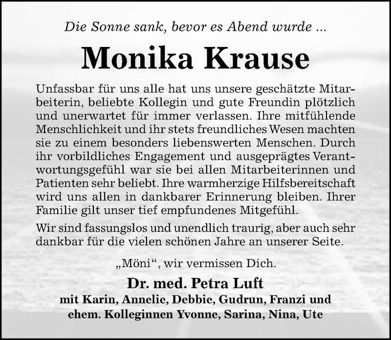  Traueranzeige für Monika Krause vom 14.01.2020 aus Hildesheimer Allgemeine Zeitung