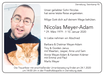 Traueranzeige von Nicolas Meyer-Adam von Hildesheimer Allgemeine Zeitung