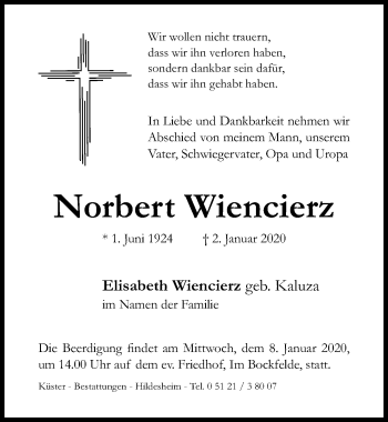 Traueranzeige von Norbert Wiencierz von Hildesheimer Allgemeine Zeitung