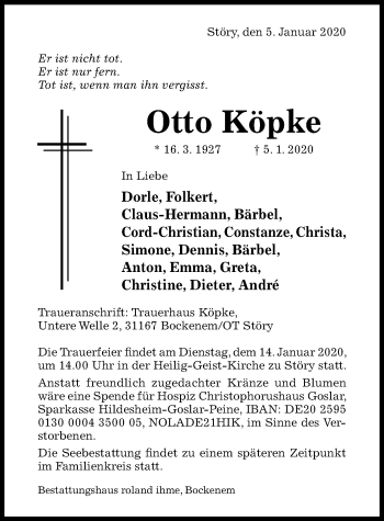 Traueranzeige von Otto Köpke von Hildesheimer Allgemeine Zeitung