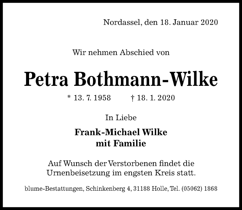  Traueranzeige für Petra Bothmann-Wilke vom 21.01.2020 aus Hildesheimer Allgemeine Zeitung