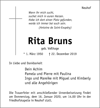 Traueranzeige von Rita Bruns von Hildesheimer Allgemeine Zeitung