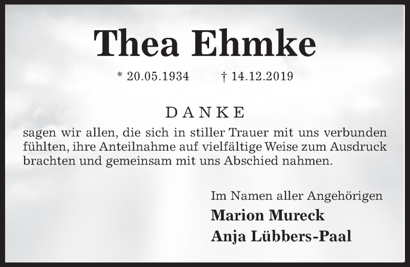  Traueranzeige für Thea Ehmke vom 22.01.2020 aus Hildesheimer Allgemeine Zeitung