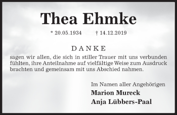 Traueranzeige von Thea Ehmke von Hildesheimer Allgemeine Zeitung