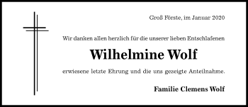 Traueranzeige von Wilhelmine Wolf von Hildesheimer Allgemeine Zeitung