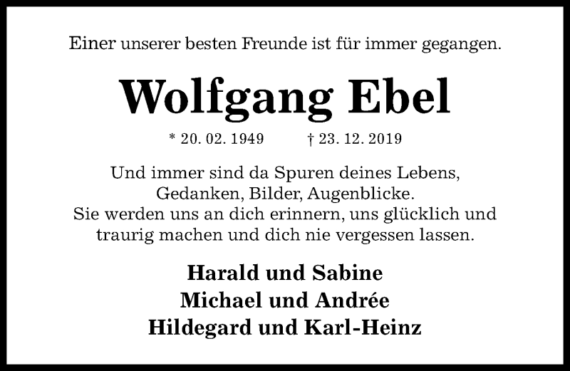  Traueranzeige für Wolfgang Ebel vom 18.01.2020 aus Hildesheimer Allgemeine Zeitung