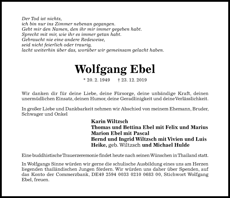  Traueranzeige für Wolfgang Ebel vom 18.01.2020 aus Hildesheimer Allgemeine Zeitung