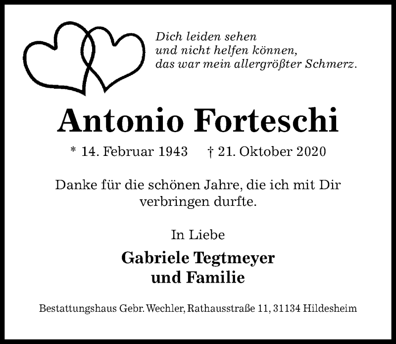  Traueranzeige für Antonio Forteschi vom 24.10.2020 aus Hildesheimer Allgemeine Zeitung