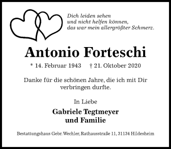 Traueranzeige von Antonio Forteschi von Hildesheimer Allgemeine Zeitung