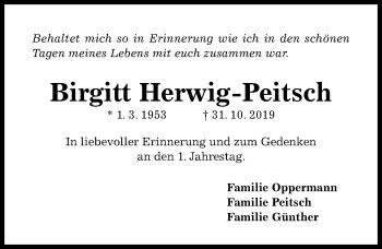 Traueranzeige von Birgitt Herwig-Peitsch von Hildesheimer Allgemeine Zeitung