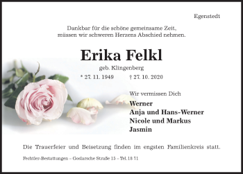 Traueranzeige von Erika Felkl von Hildesheimer Allgemeine Zeitung