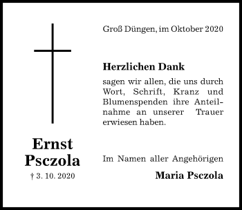 Traueranzeige von Ernst Psczola von Hildesheimer Allgemeine Zeitung