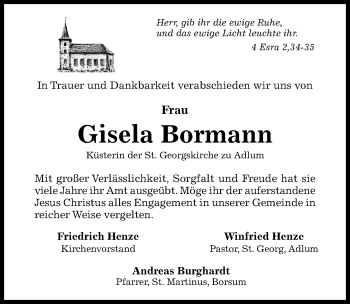 Traueranzeige von Gisela Bormann von Hildesheimer Allgemeine Zeitung