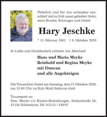 Traueranzeige von Hary Jeschke von Hildesheimer Allgemeine Zeitung