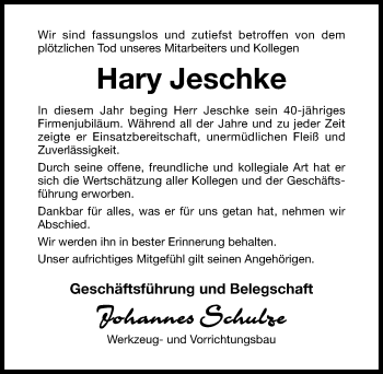 Traueranzeige von Hary Jeschke von Hildesheimer Allgemeine Zeitung