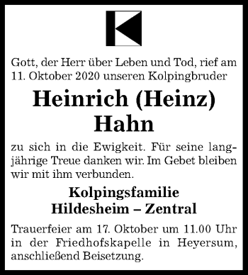 Traueranzeige von Heinrich Hahn von Hildesheimer Allgemeine Zeitung