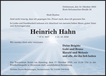 Traueranzeige von Heinrich Hahn von Hildesheimer Allgemeine Zeitung