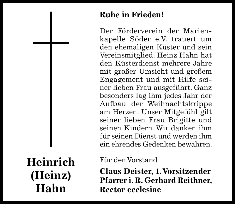  Traueranzeige für Heinrich Hahn vom 14.10.2020 aus Hildesheimer Allgemeine Zeitung