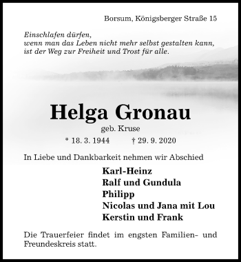 Traueranzeige von Helga Gronau von Hildesheimer Allgemeine Zeitung