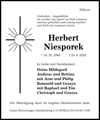 Traueranzeige von Herbert Niesporek von Hildesheimer Allgemeine Zeitung