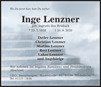 Traueranzeige von Inge Lenzner von Hildesheimer Allgemeine Zeitung