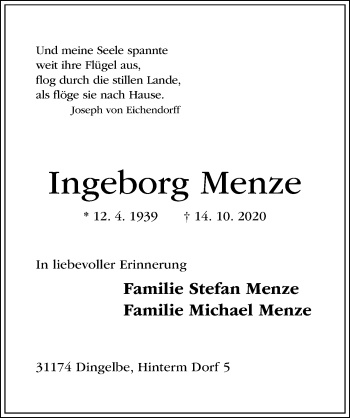 Traueranzeige von Ingeborg Menze von Hildesheimer Allgemeine Zeitung