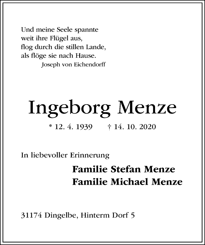  Traueranzeige für Ingeborg Menze vom 17.10.2020 aus Hildesheimer Allgemeine Zeitung